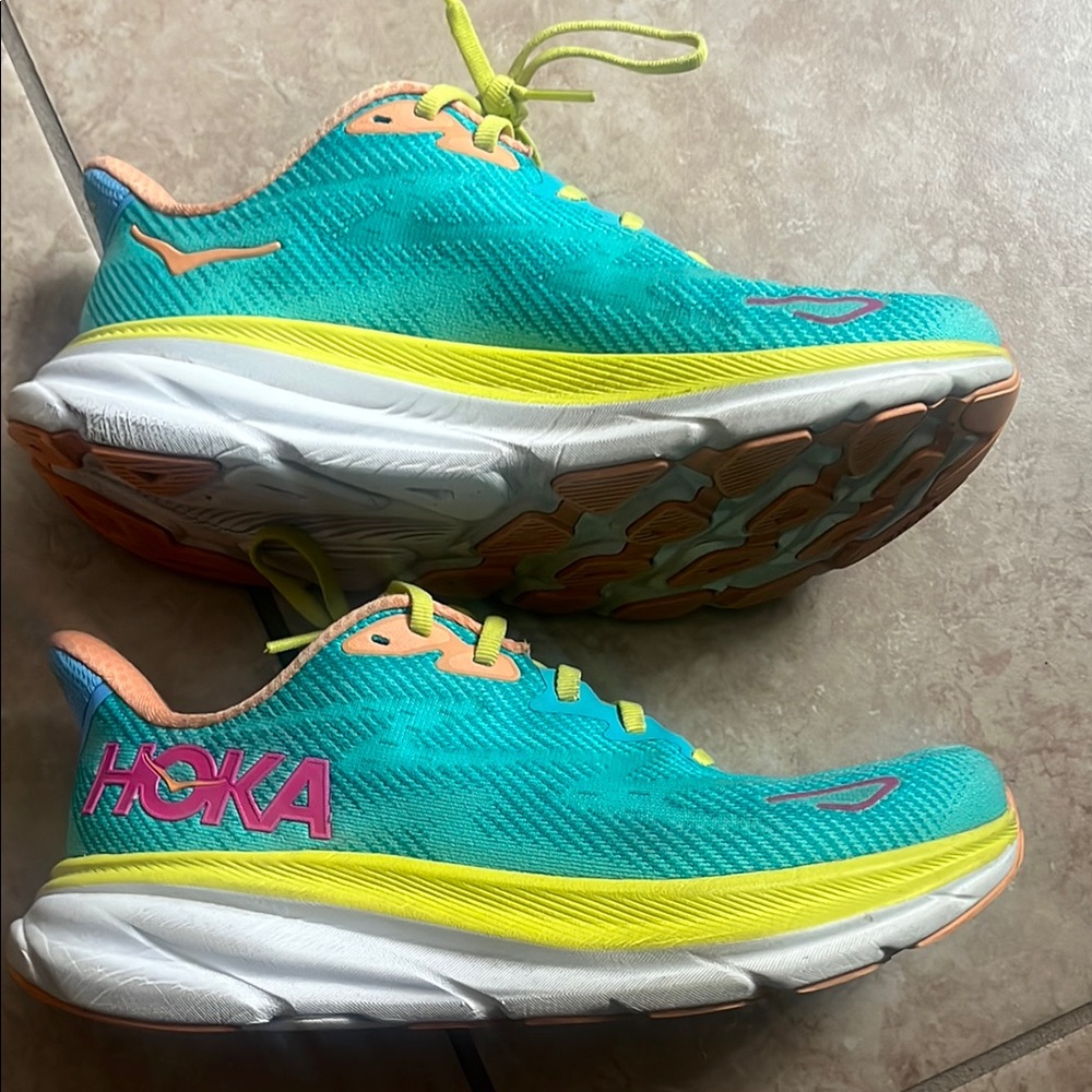 Hoka Clifton 9 Vibrant Teal and Yellow Sneakers